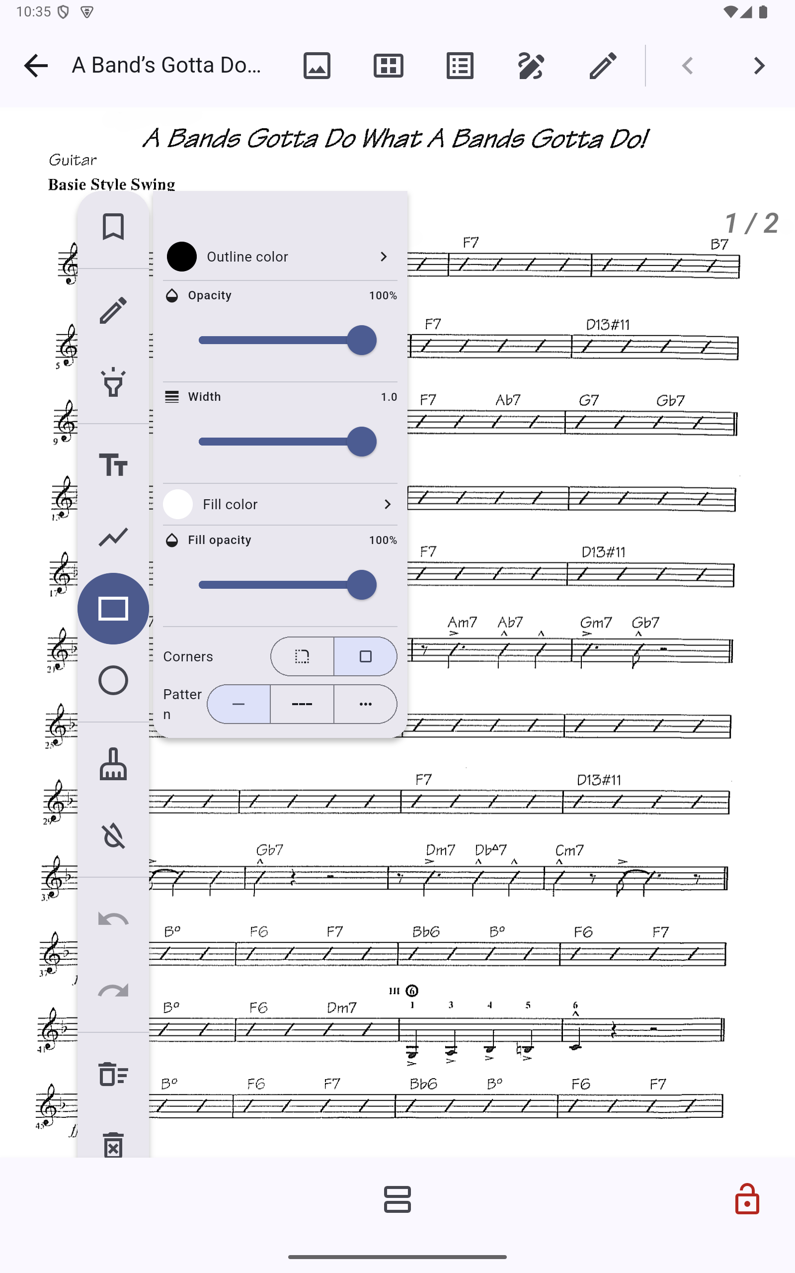 Segno rectangle settings showing outline and fill controls beside a music score